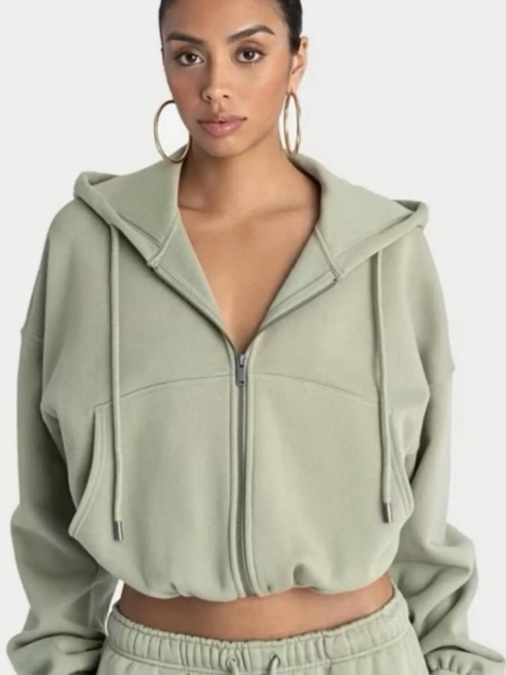 Cropped Zip Hoodie in Olive Green